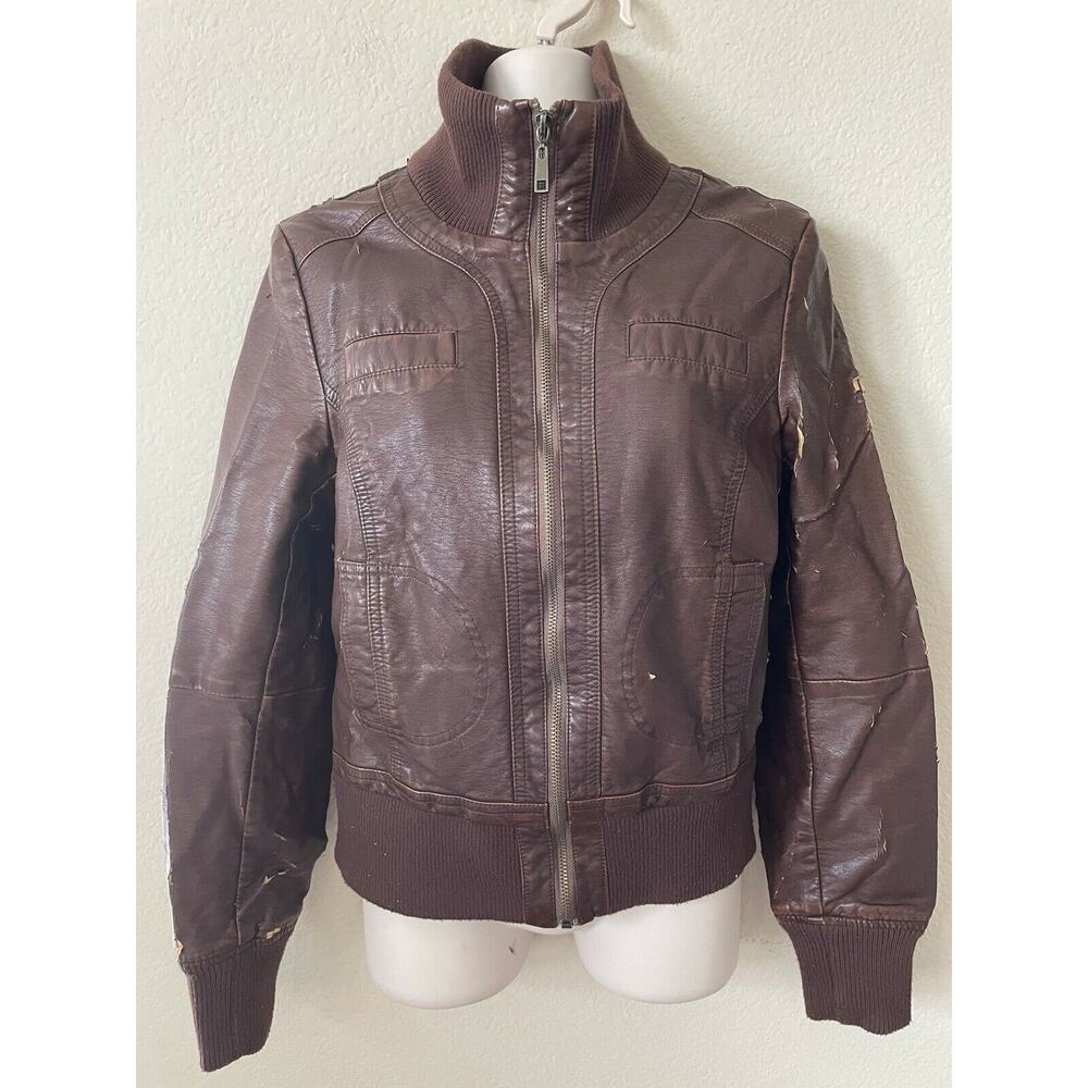 Catwalk Brown Distressed Faux Leather Ribbed Trim Zip Up Cosplay Jacket Size M